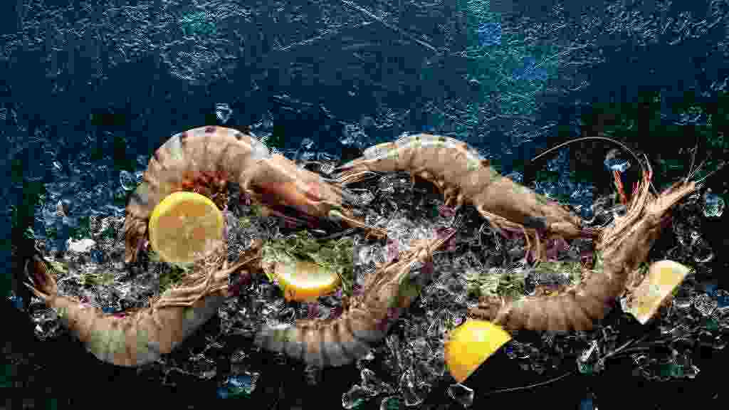 Fresh,Tiger,Prawns,With,Lemon,,Rosemary,And,Crushed,Ice,On
